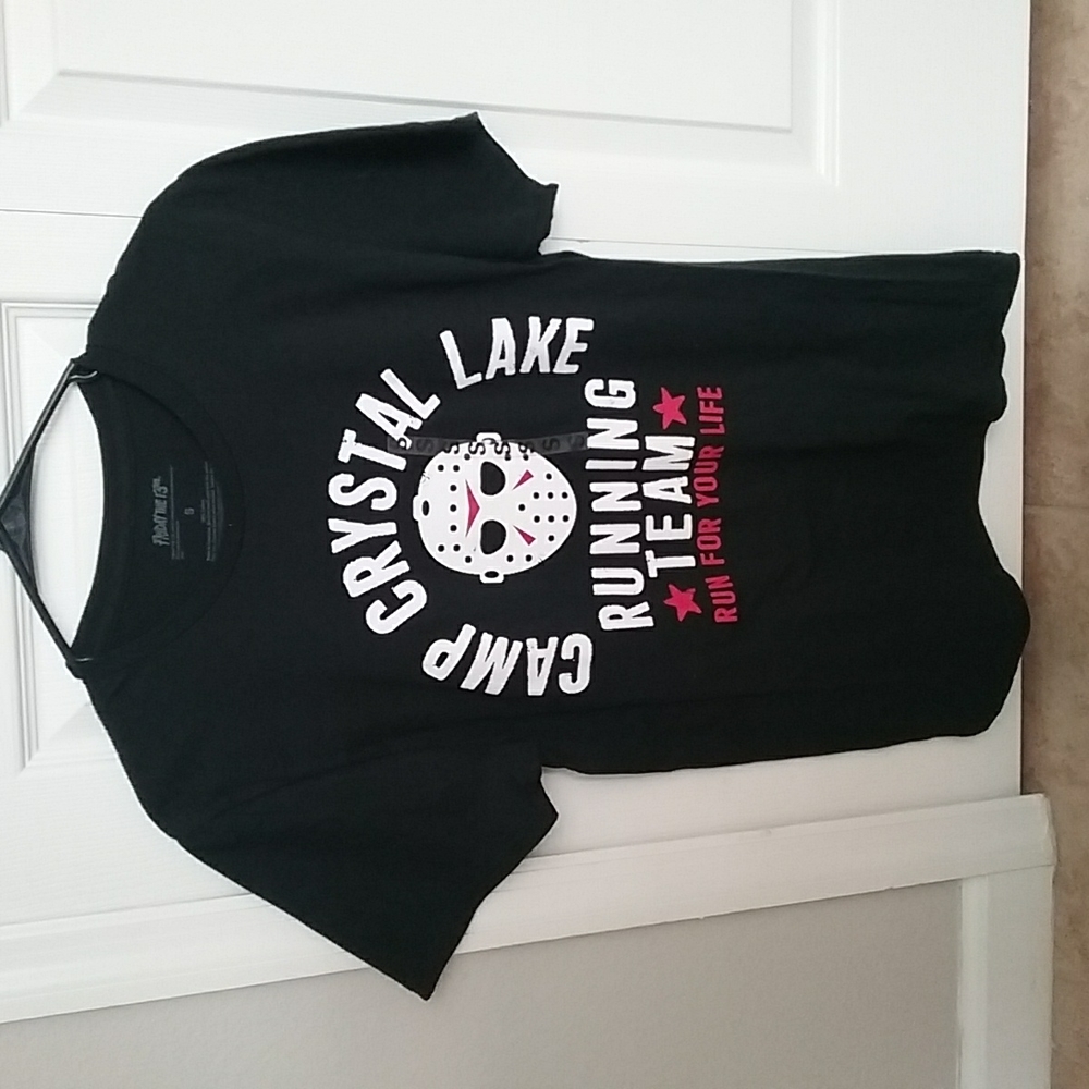 Unisex Halloween black tee shirt size small with white and red lettering.